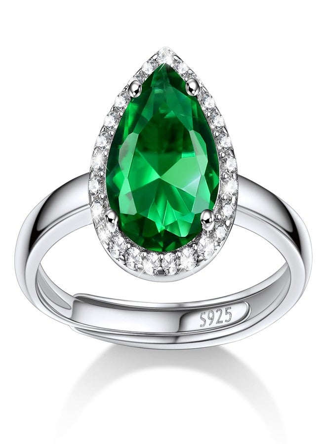 Bestyle Teardrop May Emerald Birthstone Rings Embellished with White Cubic Zirconia Minimalist Sterling Silver Open Band Gemstone Rings for Birthday/Christmas/Party/Anniversary/Wedding - Image 1