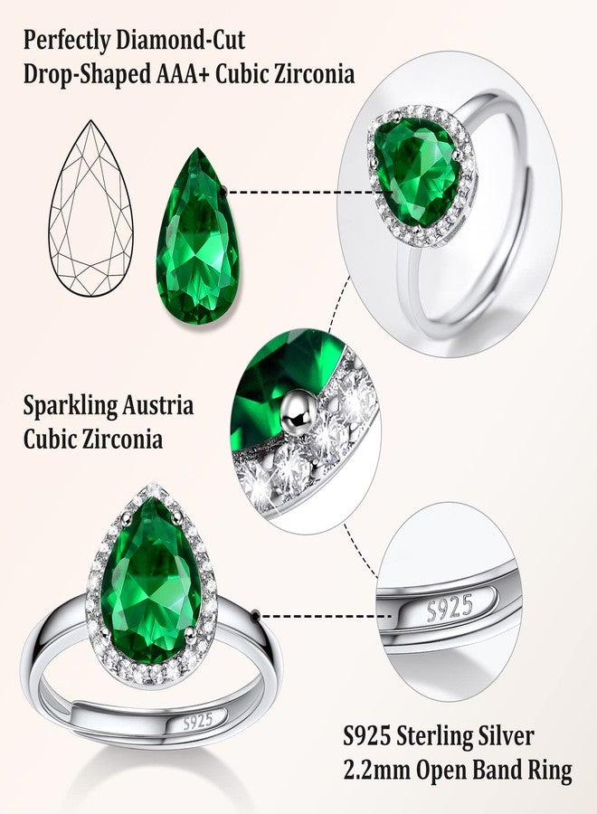 Bestyle Teardrop May Emerald Birthstone Rings Embellished with White Cubic Zirconia Minimalist Sterling Silver Open Band Gemstone Rings for Birthday/Christmas/Party/Anniversary/Wedding - Image 3