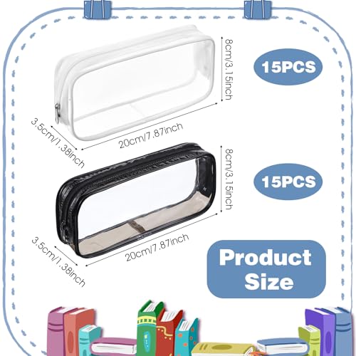 mekueeex 30 Pcs Clear Pencil Pouch Bulk Clear Pencil Case Bag 787x 138 Inch PVC Waterproof Travel Toiletry Makeup Zipper Pouches for Office Stationery Travel StorageBlack White - Image 3
