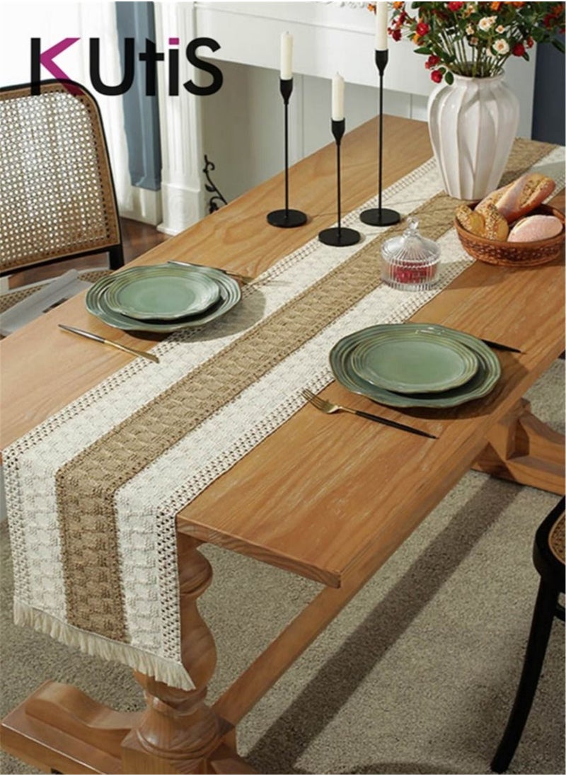 Kutis Cotton Linen Runner Splicing Weave Tassel The Tablecloth 160 x 30 cm  - Image 2