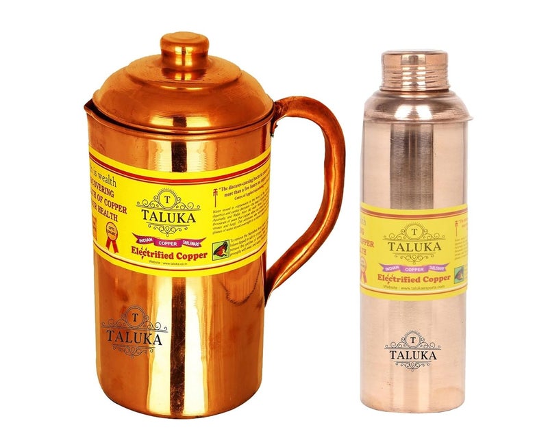 Taluka Plain Copper Jug Pitcher 1500 ml with 1 PC 800 ML Bisleri Design Water Bottle Storage Drinking Home Hotel Restaurant Pack of 2 - Image 1
