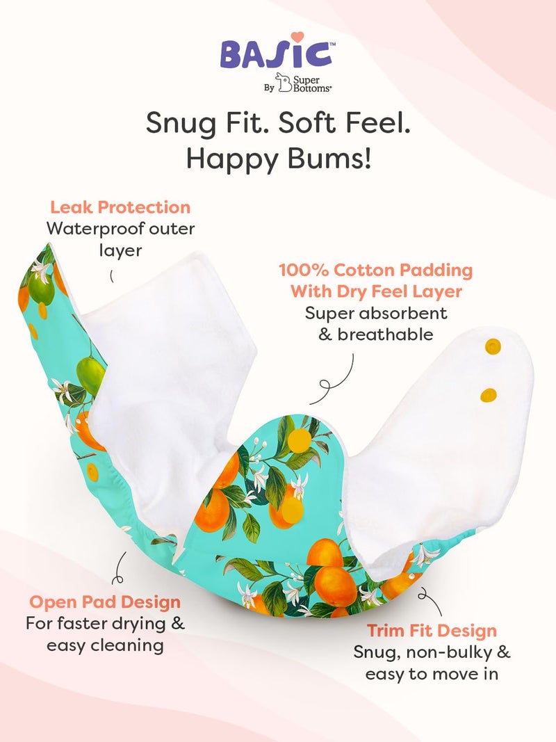 Superbottoms حفاضات قماش متقدمة مضادة للتسرب من سوبر بوتومز للأطفال، ماصة عالية 100% قطن، حزمة كومبو تحتوي على 4 حفاضات قابلة لإعادة الاستخدام و4 وسادات إدخال قابلة للغسل، مناسبة من 3 أشهر إلى 3 سنوات، تقلل من الطفح الجلدي - Image 2