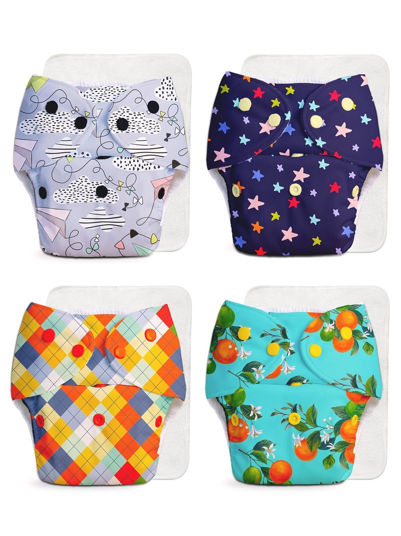 Superbottoms حفاضات قماش متقدمة مضادة للتسرب من سوبر بوتومز للأطفال، ماصة عالية 100% قطن، حزمة كومبو تحتوي على 4 حفاضات قابلة لإعادة الاستخدام و4 وسادات إدخال قابلة للغسل، مناسبة من 3 أشهر إلى 3 سنوات، تقلل من الطفح الجلدي - Image 1