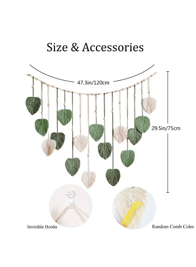 Bukela Wall Hanging Leaves Large Boho Woven Tapestry, Macrame Wall Art with Wood Clips Handmade Chic Feather Green Boho Decor for Bedroom Living Room Apartment Wall Decorations, 47x29 inch - Image 4