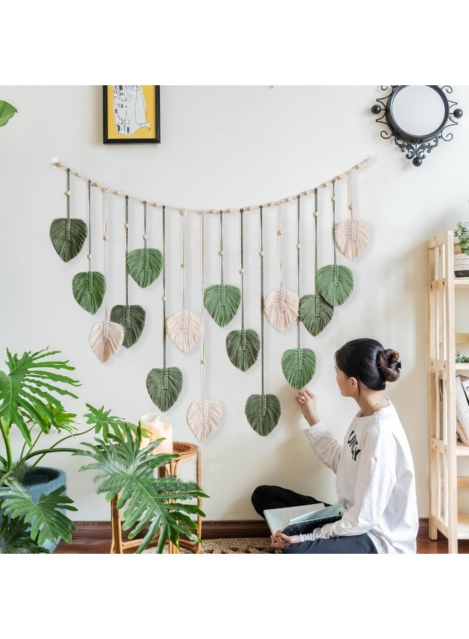 Bukela Wall Hanging Leaves Large Boho Woven Tapestry, Macrame Wall Art with Wood Clips Handmade Chic Feather Green Boho Decor for Bedroom Living Room Apartment Wall Decorations, 47x29 inch - Image 3