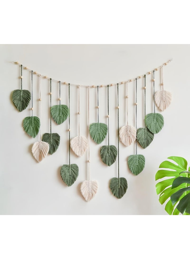 Bukela Wall Hanging Leaves Large Boho Woven Tapestry, Macrame Wall Art with Wood Clips Handmade Chic Feather Green Boho Decor for Bedroom Living Room Apartment Wall Decorations, 47x29 inch - Image 1