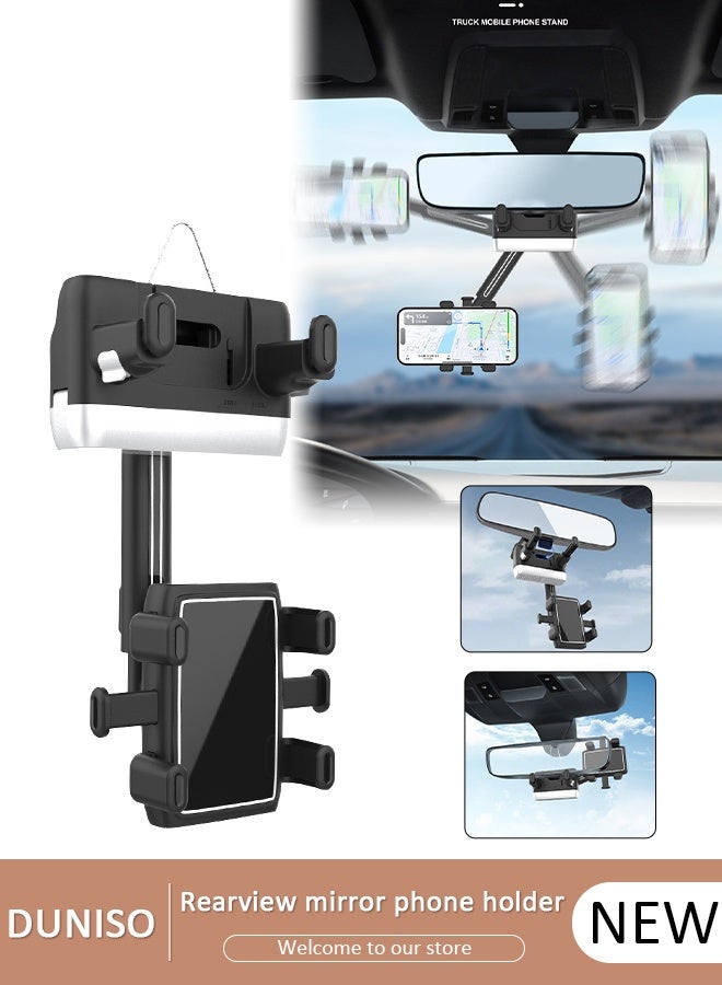 DUNISO Rearview Mirror Phone Holder for Car-360° Rotatable and Retractable Car Phone Holder with Adjustable Length Upgraded Multifunctional Rearview Mirror Phone Holder for All Mobile Phones and All Car - Image 1