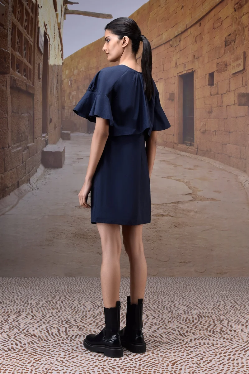 Genes Lecoanet Hemant Navy Flounce Sleeve Cotton Dress