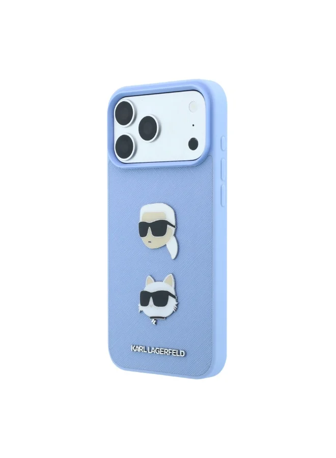 Karl Lagerfeld Saffiano PU Hard Case for iPhone 18 Pro with Karl & Choupette Head Pins and Embossed Logo