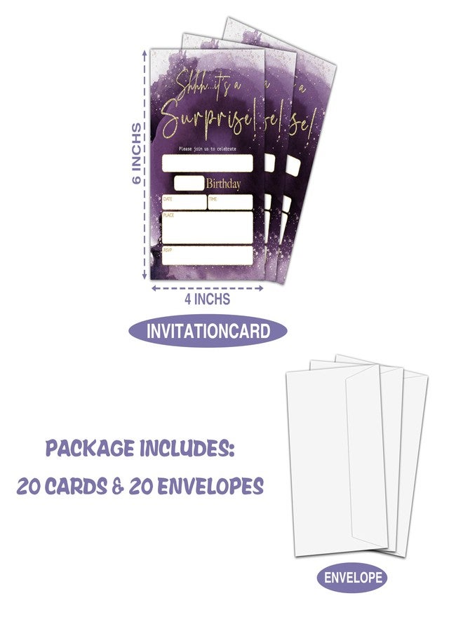 Levitatinyear Shhh It's a Surprise Birthday Party Invitation, Purple Gold Themed Fill-In Invites for Teens, 20 Invitations With Envelopes, Surprise Party Favors Decorations and Supplies -67 - Image 4