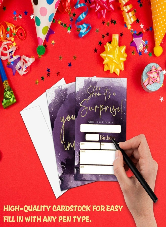Levitatinyear Shhh It's a Surprise Birthday Party Invitation, Purple Gold Themed Fill-In Invites for Teens, 20 Invitations With Envelopes, Surprise Party Favors Decorations and Supplies -67 - Image 3