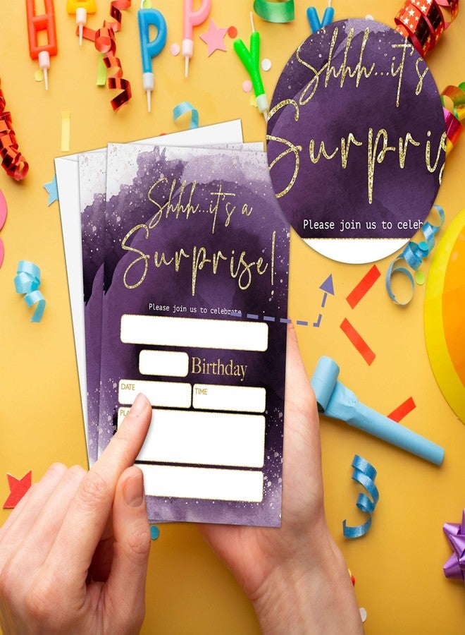 Levitatinyear Shhh It's a Surprise Birthday Party Invitation, Purple Gold Themed Fill-In Invites for Teens, 20 Invitations With Envelopes, Surprise Party Favors Decorations and Supplies -67 - Image 5