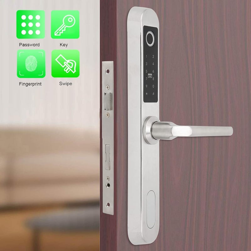 klarako Smart Fingerprint Door Lock with Handle Touch Screen Keypad Deadbolt Password Code Lever Lock Waterproof Anti‑Theft Door Lock with Key, Card for Apartment Villa School Office (Silver) - Image 2