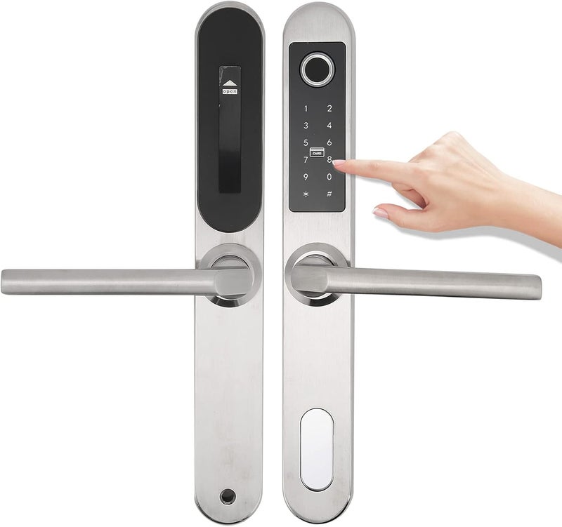 klarako Smart Fingerprint Door Lock with Handle Touch Screen Keypad Deadbolt Password Code Lever Lock Waterproof Anti‑Theft Door Lock with Key, Card for Apartment Villa School Office (Silver) - Image 1