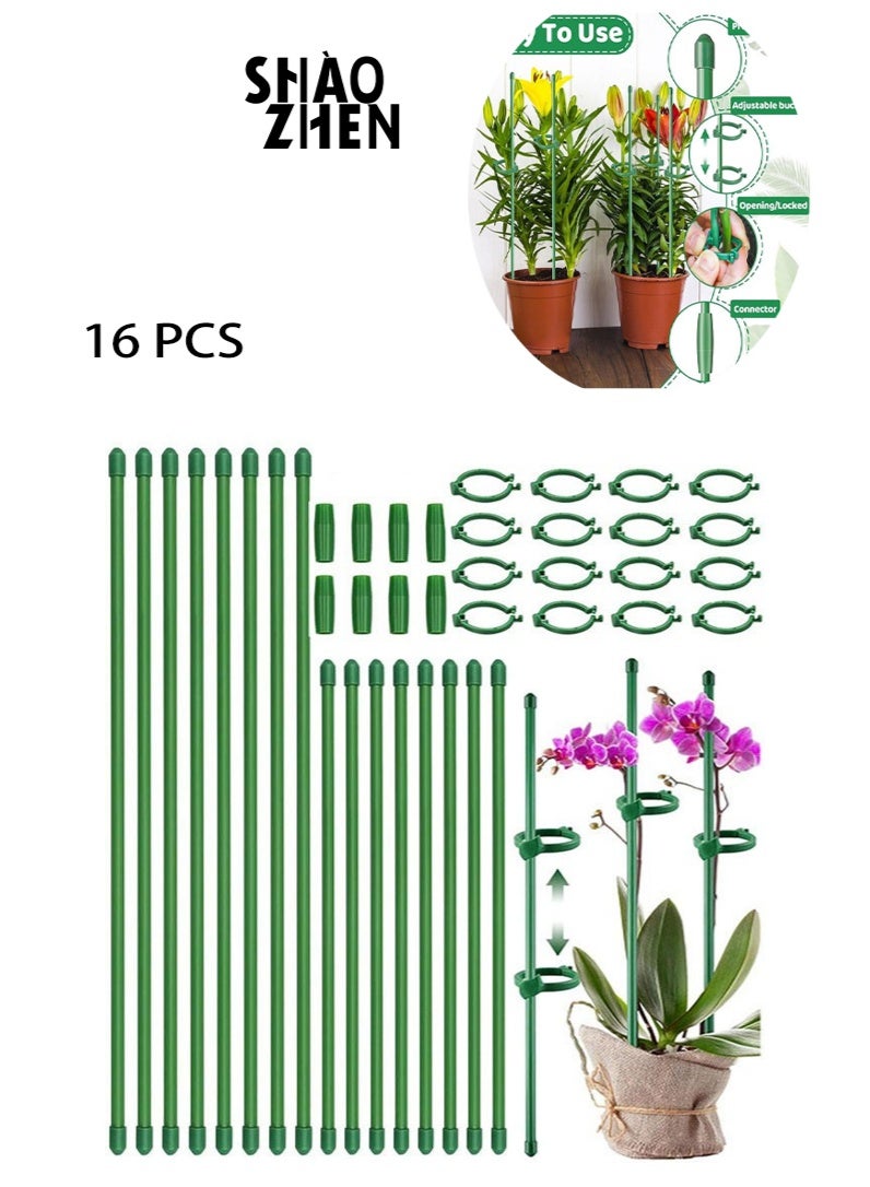 شاو تشن رصيص النبات، 16 قطعة من البسكويت عصي دعم النبات الطول القابل للضبط مع 16 قلادة و 8 وصلات للحديقة الداخلية الخارجية وخضروات الطماطم الوردية -18 بوصة و 11 بوصة - Image 1