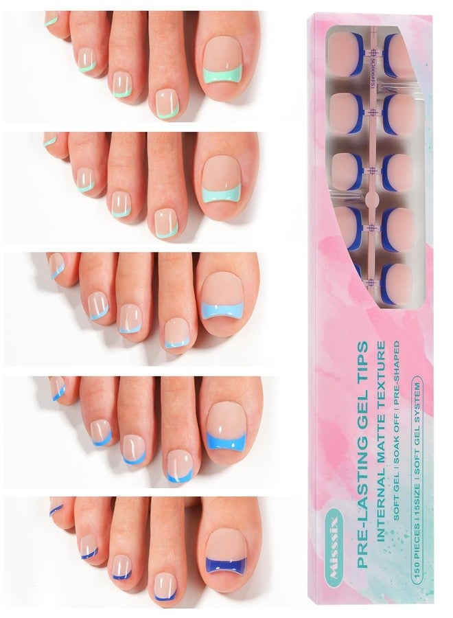 Misssix Press On Toe nails Short, 150Pcs Blue French Toenail Tips, Square Soft Gel Fake Toe Nail Tips Extensions for Women Nail Art DIY 15 Sizes - Image 1