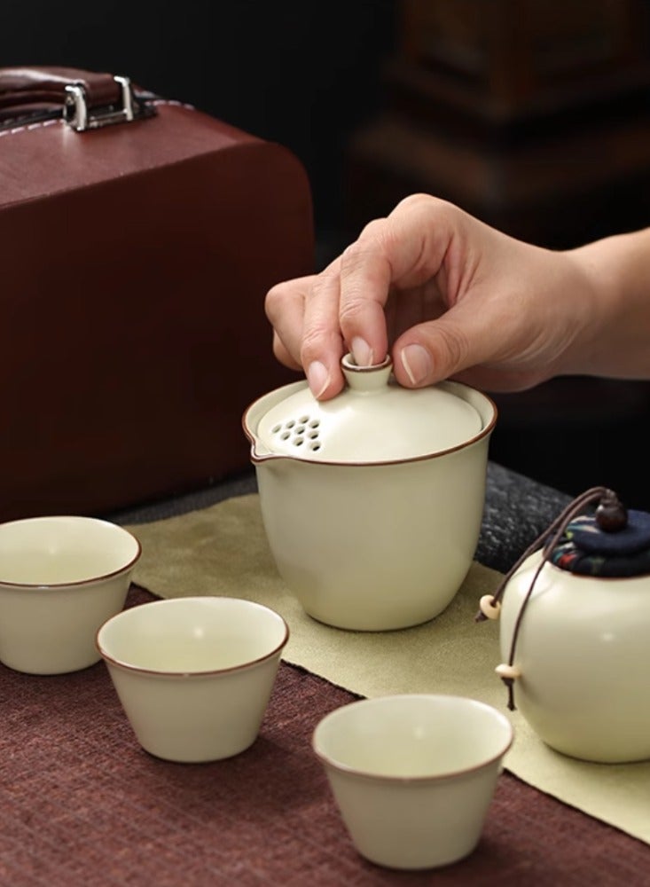 Chinese Style Portable Ceramic Travel Tea Set Storage Bag, One Pot, Three Cups, Essential Tea Maker for Outdoor Camping  - Image 1