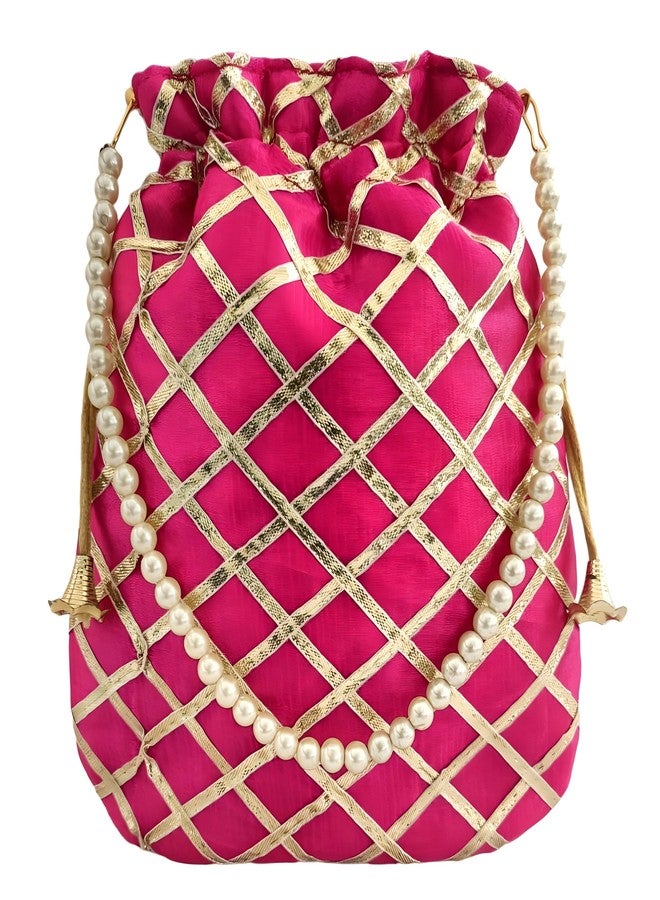 DUCHESS Women's Gota Patti Magenta Potli Bag Purse with Pearl Handle (Pack of 2) - Image 2