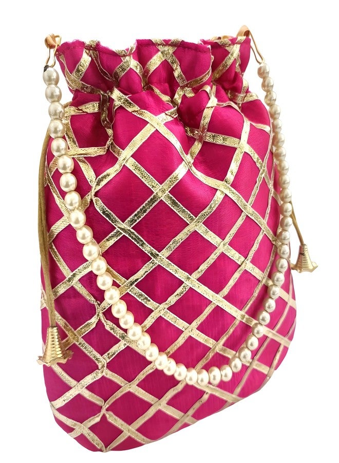 DUCHESS Women's Gota Patti Magenta Potli Bag Purse with Pearl Handle (Pack of 2) - Image 3