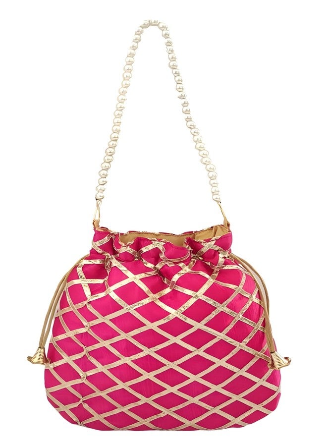 DUCHESS Women's Gota Patti Magenta Potli Bag Purse with Pearl Handle (Pack of 2) - Image 5