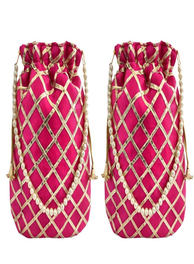 DUCHESS Women's Gota Patti Magenta Potli Bag Purse with Pearl Handle (Pack of 2) - Image 1