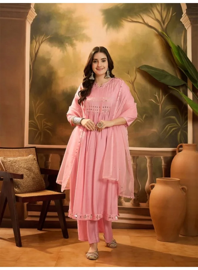 أيه كيه إس Powder Pink A-Line Kurta With Mirror Work On Dupatta