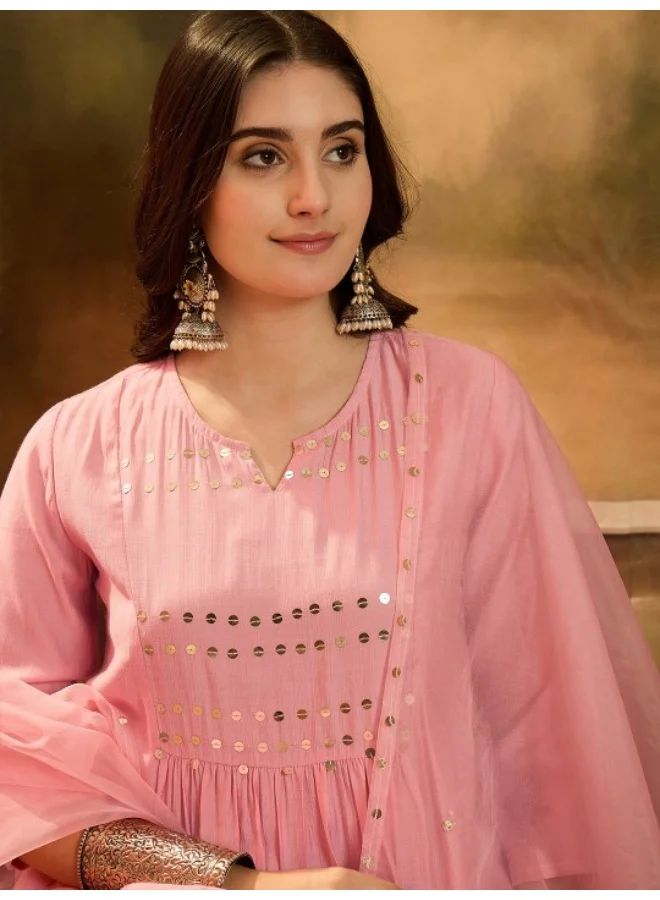 أيه كيه إس Powder Pink A-Line Kurta With Mirror Work On Dupatta