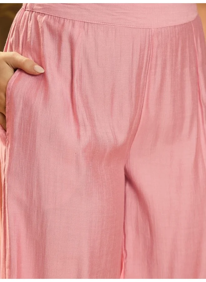 AKS Powder Pink A-Line Kurta With Mirror Work On Dupatta