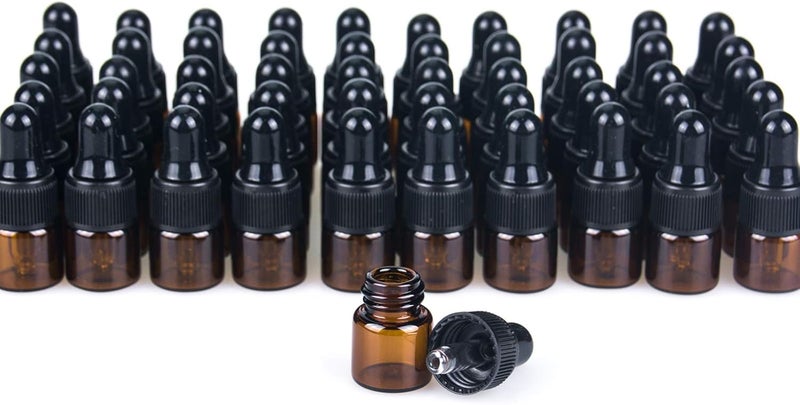50 قطعة من زجاجات القطر الصغيرة اللون عنبري سعة 1 مل، زجاجات عينات صغيرة من العنبر مزودة بقطرة زجاجية لعينات الزيوت العطرية المستخدمة أثناء السفر. - Image 1
