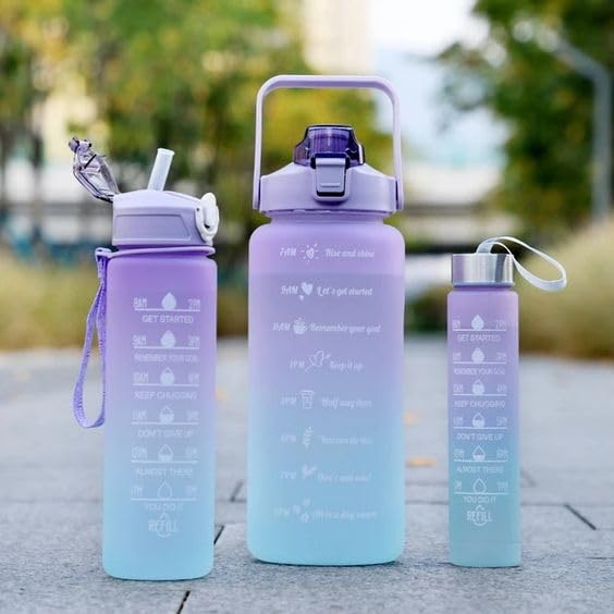 DORLANK Water Bottle 2L 3 Pack Sports Water Bottle with Straw LeakProof Motivational Time Marker to Drink BPA Free Plastic Water Bottle for Running Gym Outdoor Plastic Set of 3 Multicolor - Image 1