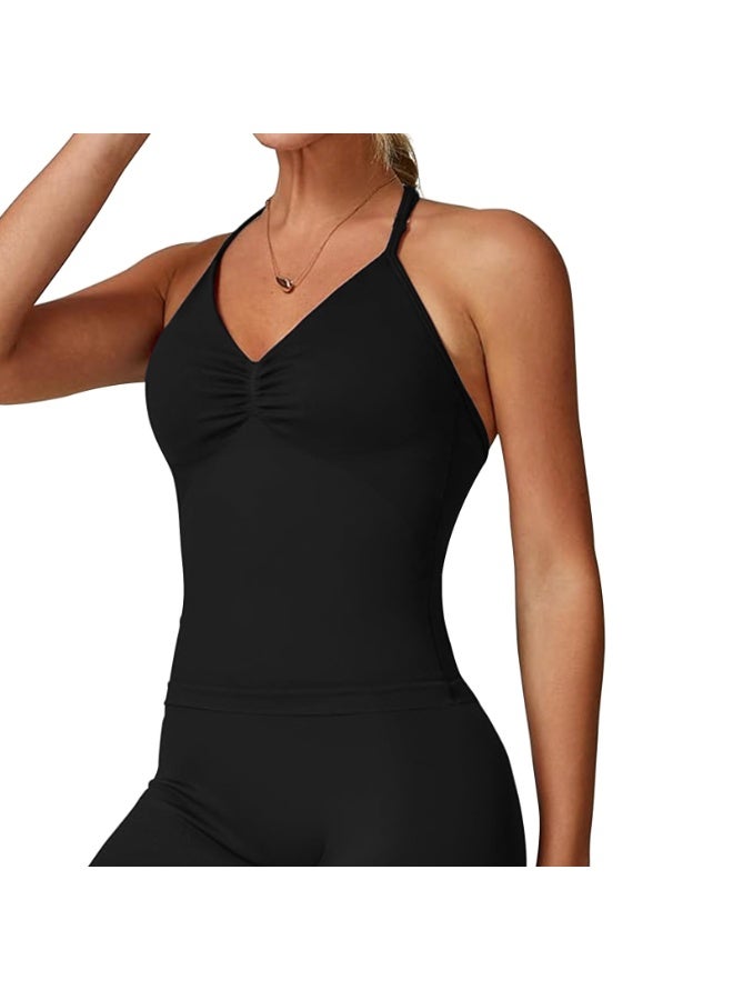 SUNSAR Women's Longline Halter Neck Sports Bra,Padded Seamless Backless Strappy Crop Top for Gym Yoga Workout - Image 3