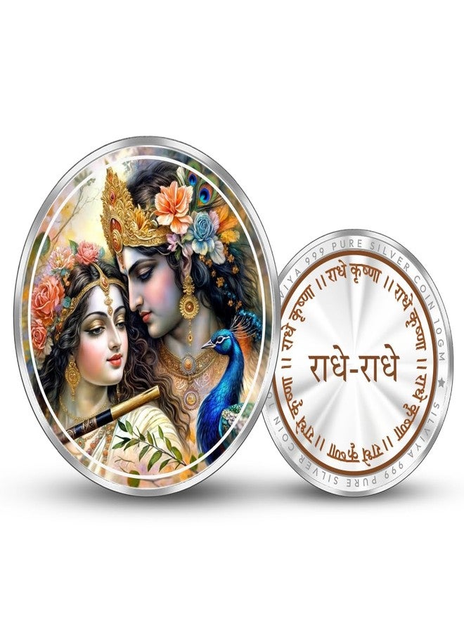 Silviya BIS Hallmarked Radha Krishna 999 Pure Silver Coin (10 Gram) Round Shape: Hindu Deities - Divine Love Couple - Vrindavan - Janmashtami Gift - Puja Coin - Image 1