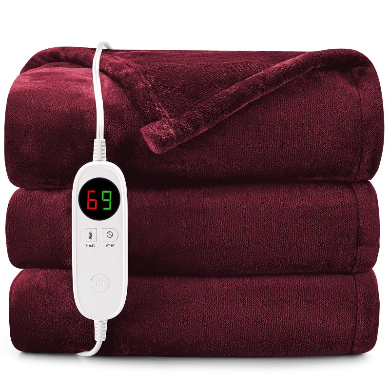 HYLEORY HYLEORY Heated Electric Blanket Throw 50 x 60 Soft Warm Flannel with 6 Heating Levels  9 Hours Timer Auto Shutt Off Heating Blanket for Full Body  Red