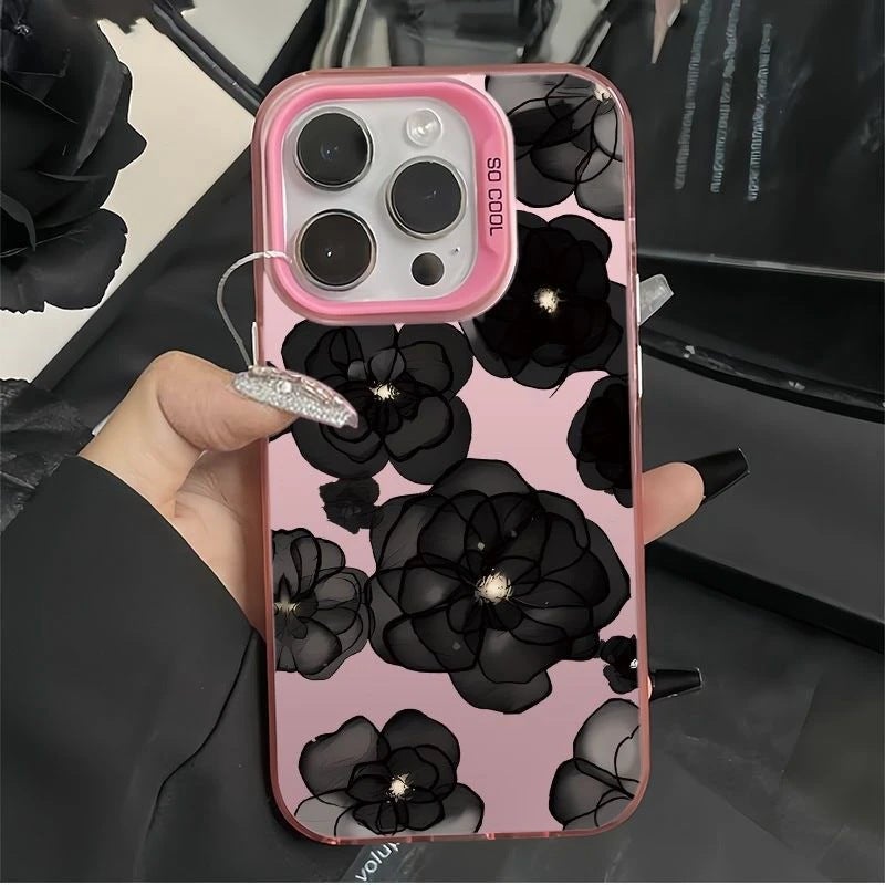Apple iPhone 16 Pro Max Phone Case, TPU Shockproof, Stylish, Creative, Retro Ink Painting Flower, Drop-Proof Phone Case (Pink)