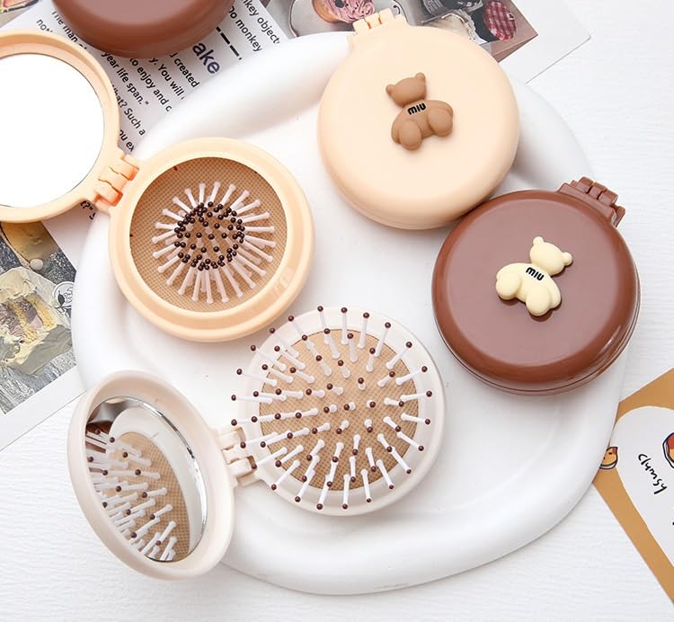 KOOSHLO Portable Mini Hair Brush with Mirror Cute Bear Design Round Compact Detangling Comb Hair Comb Foldable Travel Mirror Hair Brushes Round Folding Pocket mirror White - Image 5