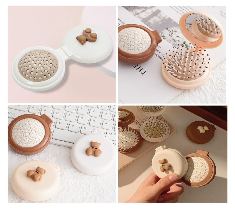 KOOSHLO Portable Mini Hair Brush with Mirror Cute Bear Design Round Compact Detangling Comb Hair Comb Foldable Travel Mirror Hair Brushes Round Folding Pocket mirror White - Image 2