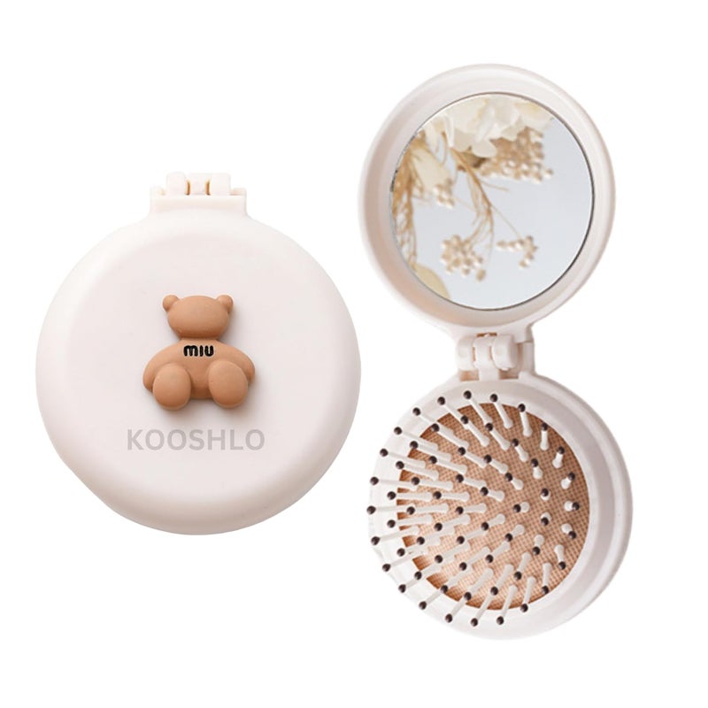 KOOSHLO Portable Mini Hair Brush with Mirror Cute Bear Design Round Compact Detangling Comb Hair Comb Foldable Travel Mirror Hair Brushes Round Folding Pocket mirror White - Image 1