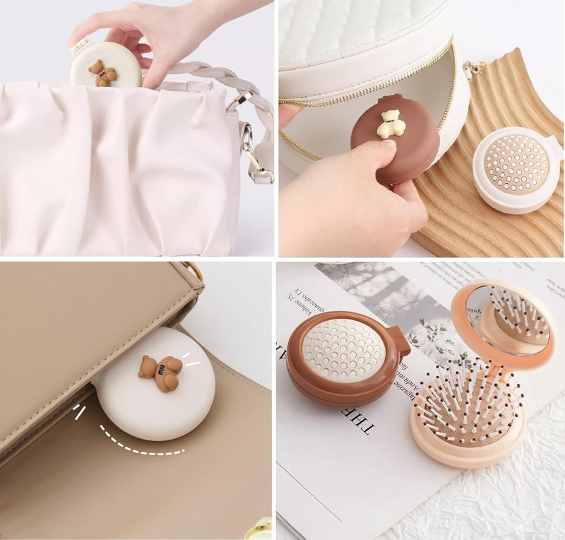 KOOSHLO Portable Mini Hair Brush with Mirror Cute Bear Design Round Compact Detangling Comb Hair Comb Foldable Travel Mirror Hair Brushes Round Folding Pocket mirror White - Image 3