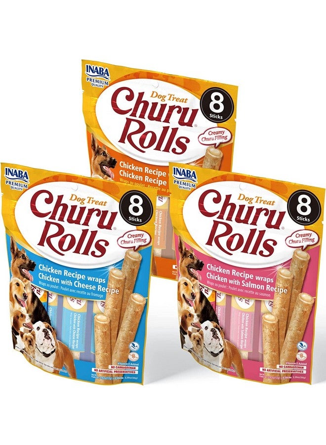 INABA Churu Rolls For Dogs, GrainFree, Soft/Chewy Baked Chicken Wrapped Churu Filled Dog Treats, 0.42 Ounces Each Stick| 24 Stick Treats Total, 3 Flavor Variety Pack (24 Sticks) - Image 1