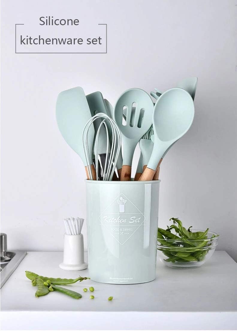 12PCS Silicone Kitchen Utensil Set - Heat Resistant Cooking Tools with Natural Wooden Handles & Storage Bucket for Non-Stick Cookware, Light Green - Image 2