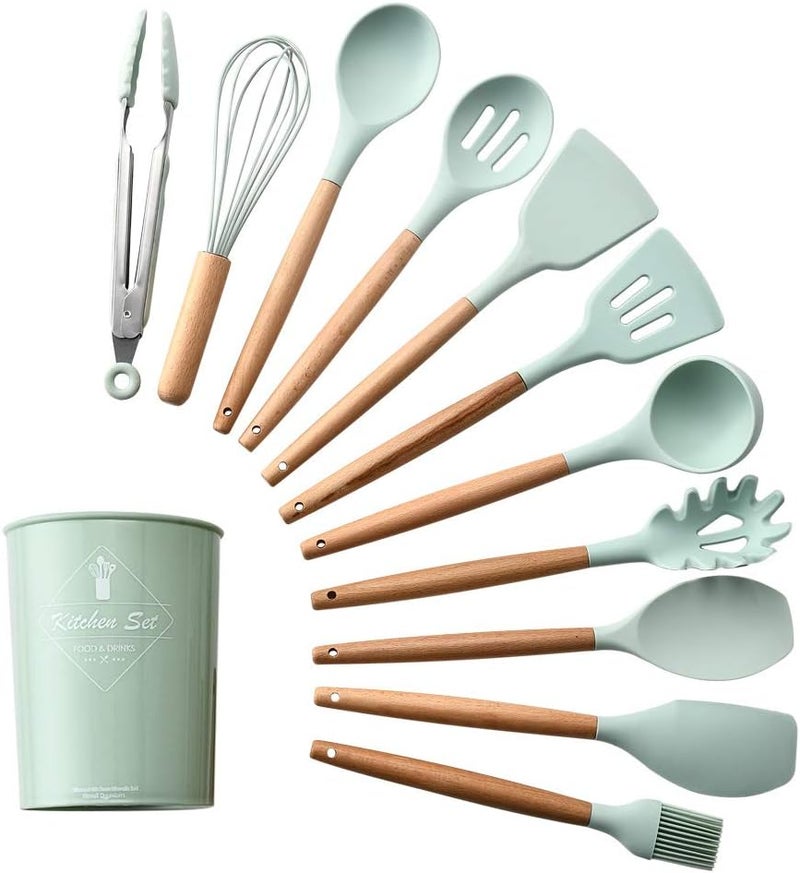 12PCS Silicone Kitchen Utensil Set - Heat Resistant Cooking Tools with Natural Wooden Handles & Storage Bucket for Non-Stick Cookware, Light Green - Image 1