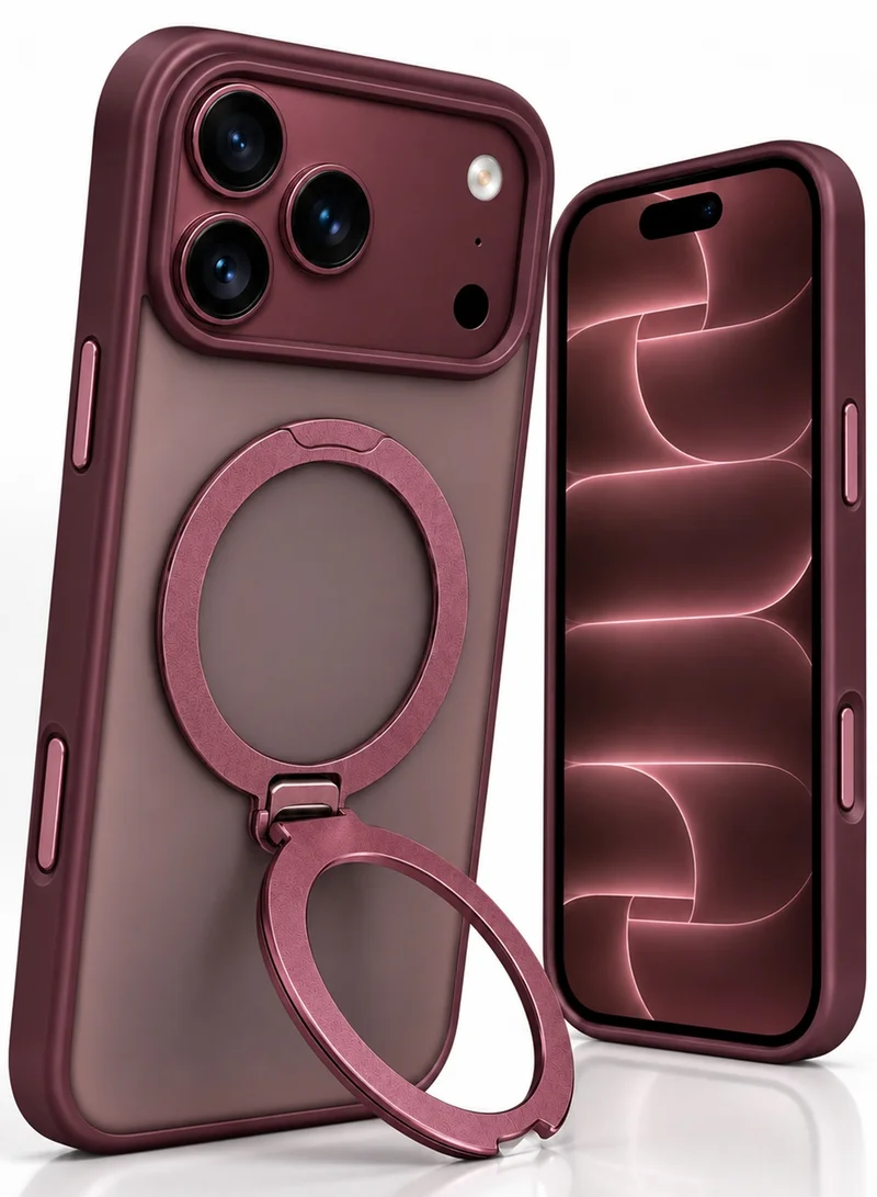واي غطاء WYE المزود بحلقة مغناطيسية لهاتف iPhone 18 Pro Max، متوافق مع تقنية MagSafe، يتميز بحامل معدني قابل للدوران بزاوية 360 درجة، بتصميم نحيف وملمس مطفي، لون عنابي