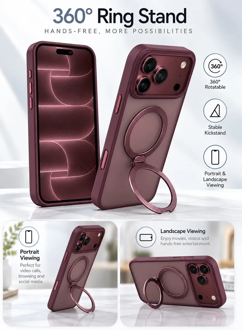 واي غطاء WYE المزود بحلقة مغناطيسية لهاتف iPhone 18 Pro Max، متوافق مع تقنية MagSafe، يتميز بحامل معدني قابل للدوران بزاوية 360 درجة، بتصميم نحيف وملمس مطفي، لون عنابي