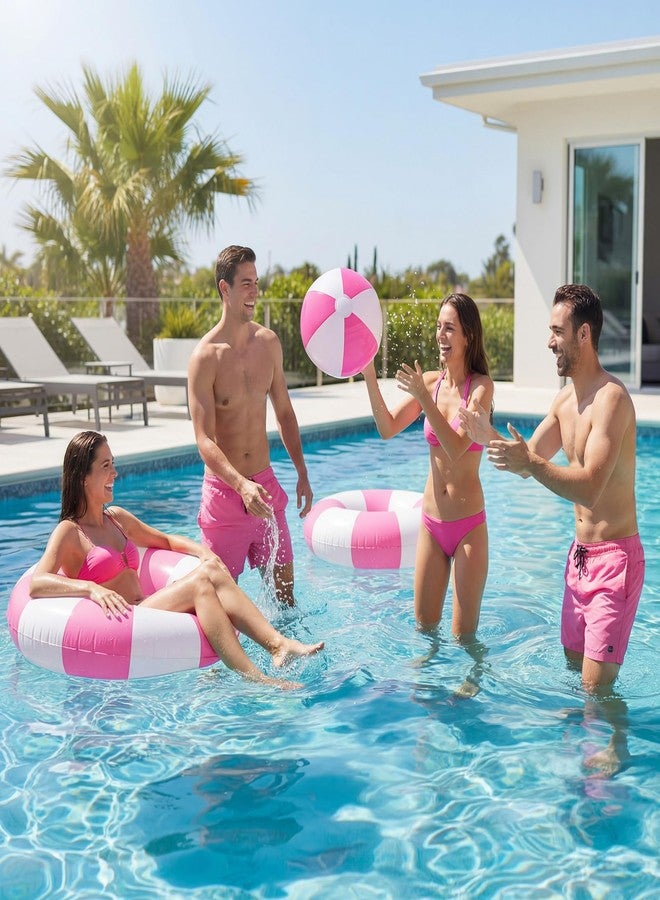 مجموعة جليمين المكونة من 4 قطع من عوامات حمام السباحة القابلة للنفخ المخططة بحجم جامبو 35 بوصة مع كرتين شاطئيتين للبالغين، أنابيب حمام سباحة لحفلات السباحة الصيفية على الشاطئ (وردي) - Image 4