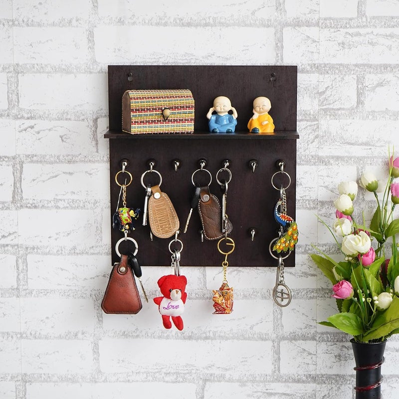 Webelkart Wooden Premium Key Chain Wall Hanging Key Holder Diwali Decorations Items for Home Decor Key Hanger (14 Hook- Wood) - Image 1