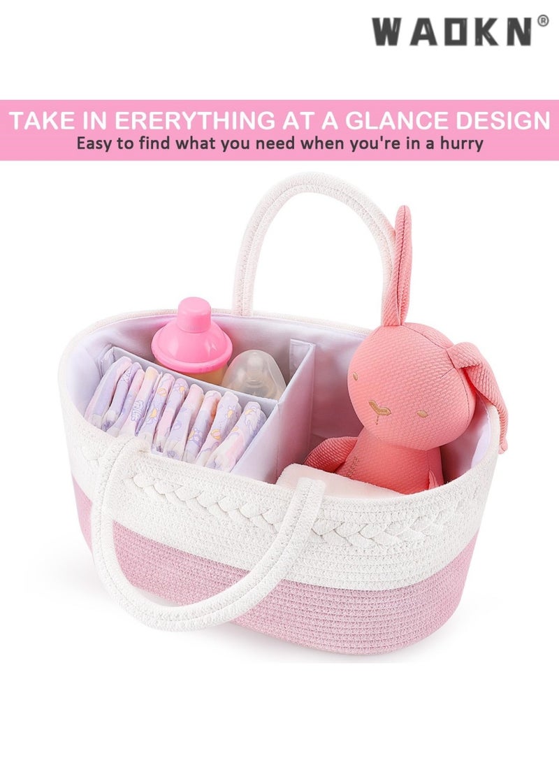 WAOKN Baby Diaper Storage Solution, 100% Cotton Rope Weave, Portable Diaper Basket for Changing Tables and Travel, with Bonus Removable Storage Bag, Excellent Baby Shower Basket Option ( Pink)  - Image 4