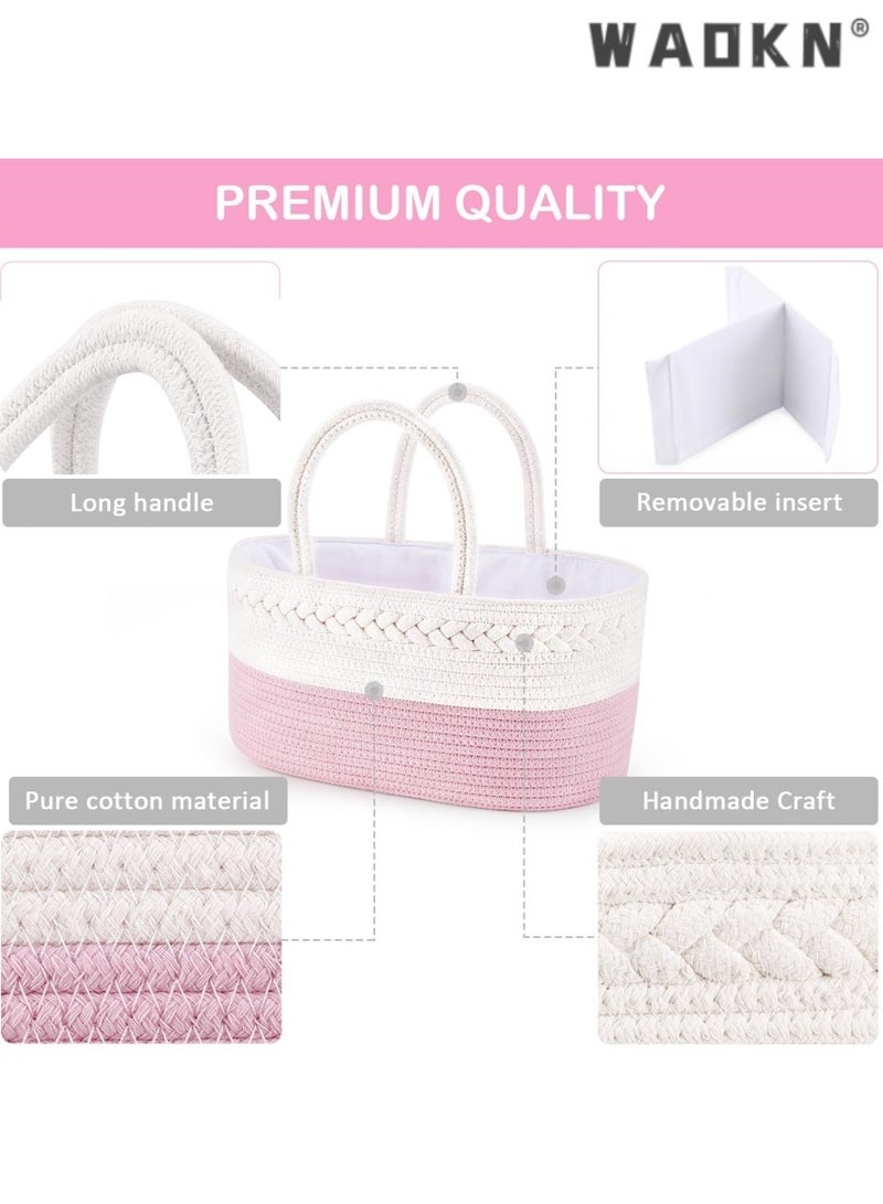 WAOKN Baby Diaper Storage Solution, 100% Cotton Rope Weave, Portable Diaper Basket for Changing Tables and Travel, with Bonus Removable Storage Bag, Excellent Baby Shower Basket Option ( Pink)  - Image 3
