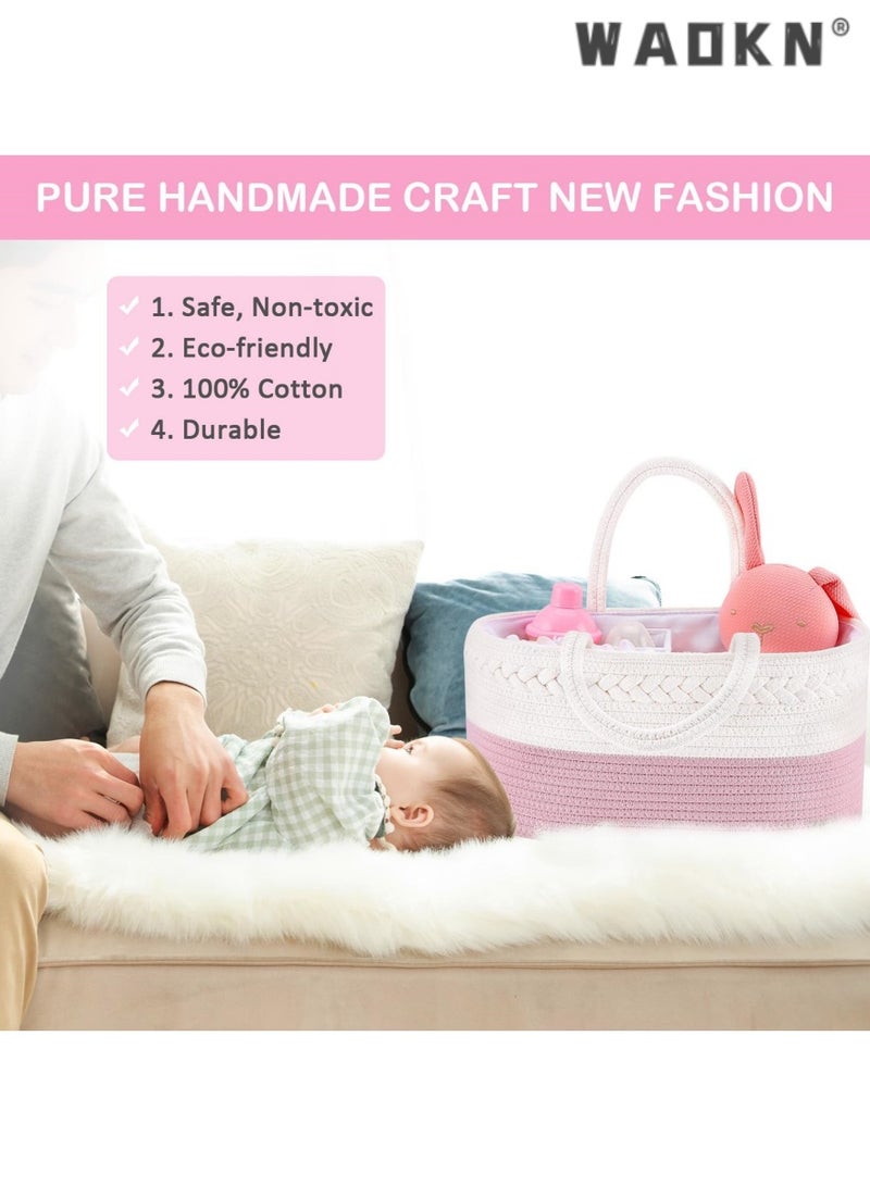 WAOKN Baby Diaper Storage Solution, 100% Cotton Rope Weave, Portable Diaper Basket for Changing Tables and Travel, with Bonus Removable Storage Bag, Excellent Baby Shower Basket Option ( Pink)  - Image 2