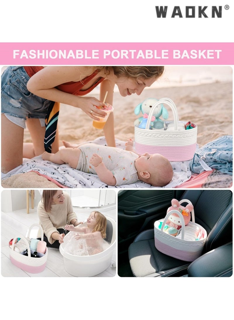 WAOKN Baby Diaper Storage Solution, 100% Cotton Rope Weave, Portable Diaper Basket for Changing Tables and Travel, with Bonus Removable Storage Bag, Excellent Baby Shower Basket Option ( Pink)  - Image 5