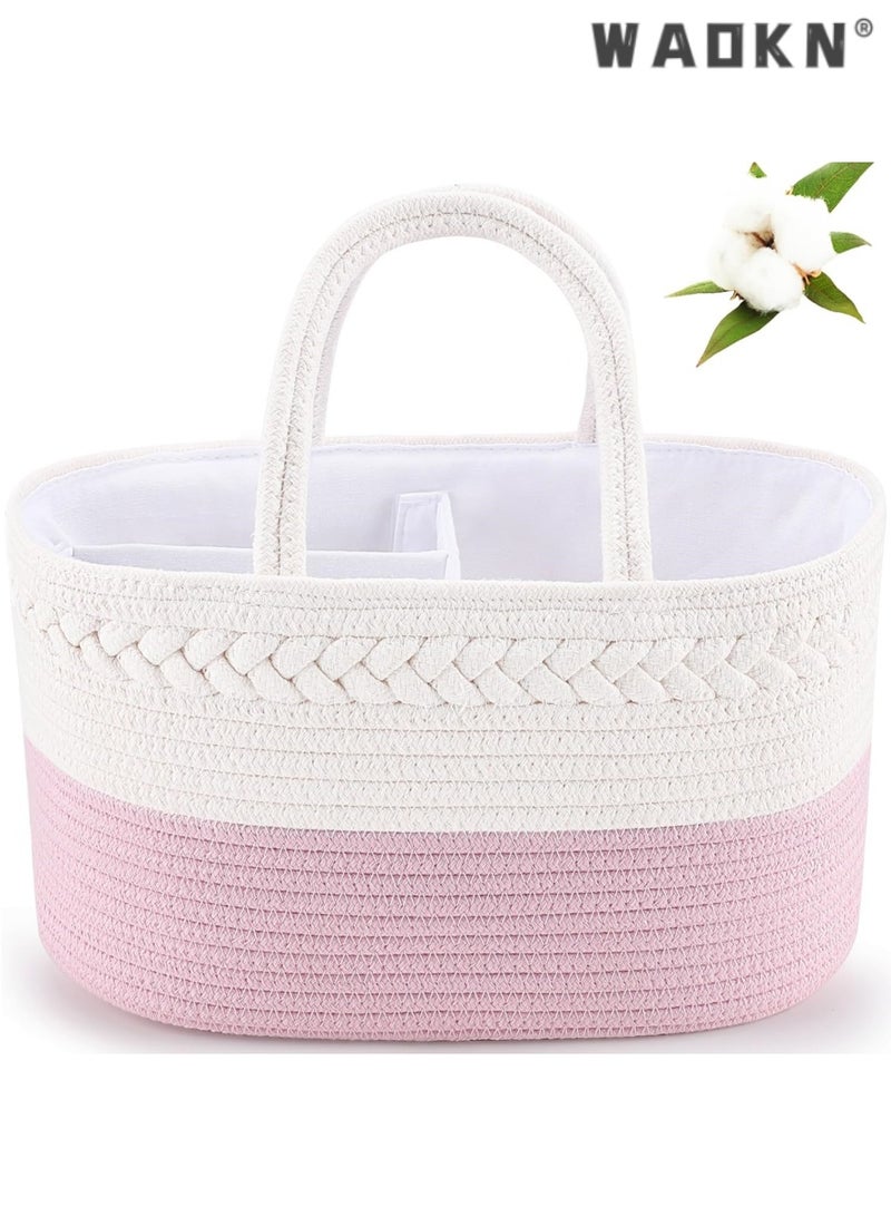 WAOKN Baby Diaper Storage Solution, 100% Cotton Rope Weave, Portable Diaper Basket for Changing Tables and Travel, with Bonus Removable Storage Bag, Excellent Baby Shower Basket Option ( Pink)  - Image 1